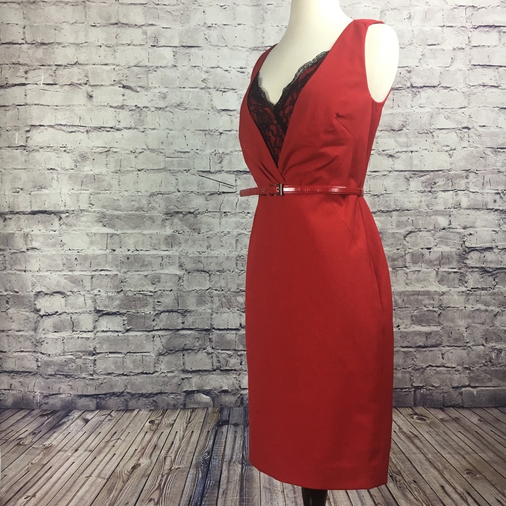 Red Eccoci Career Dress with Black Lace V Plunge